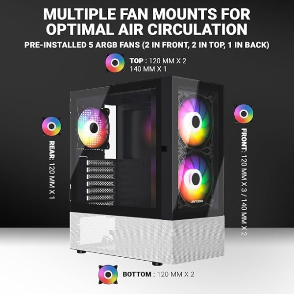 Ant Esports Pepper 5F Mid-Tower Dual Color Computer Case/Gaming Cabinet - Black/White | Support ATX, Micro-ATX, Mini-ITX | Pre-Installed 5 ARGB Fans - Image 4